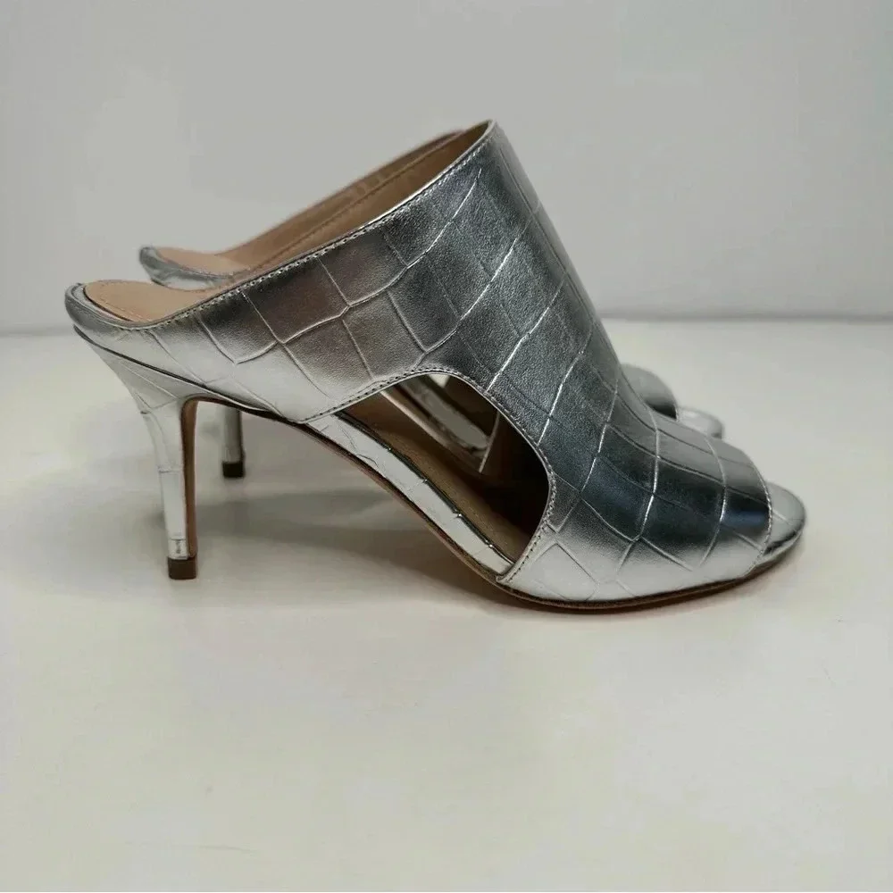 Pour La Victoire Silver Crocodile Slip-On Open Toe Heels Size 6